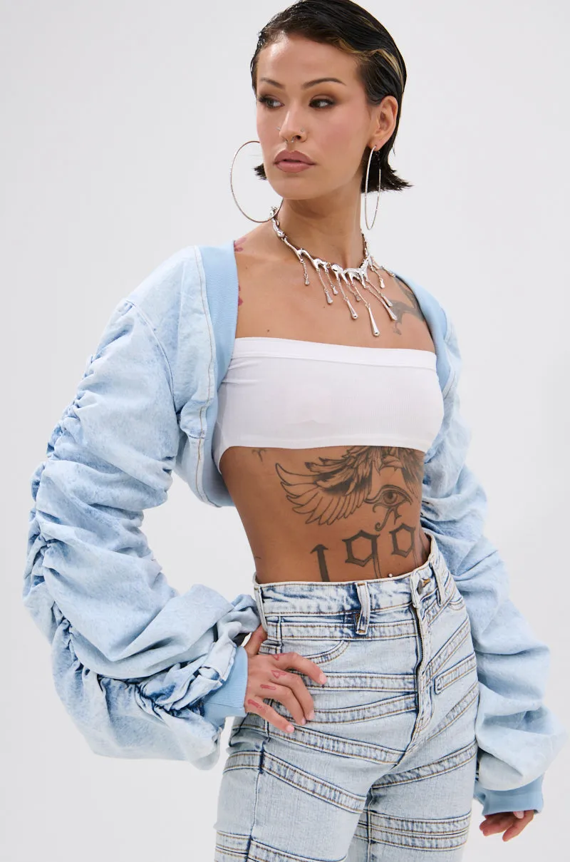 DANI RUCHED DENIM BOLERO sold by AKIRA product image thumbnail 3