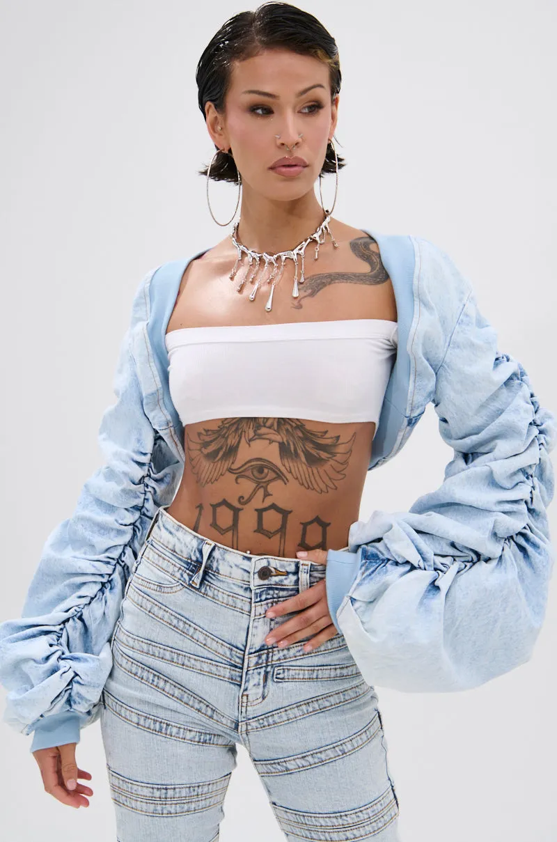 DANI RUCHED DENIM BOLERO sold by AKIRA