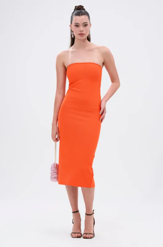 NOT TOO SIMPLE BANDAGE MIDI DRESS IN ORANGE sold by AKIRA