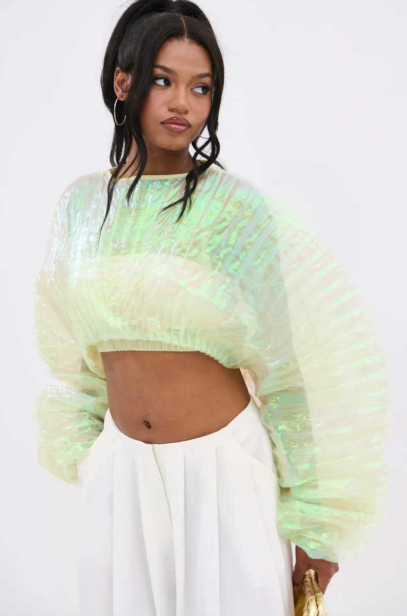 CHAR PLEATED IRIDESCENT CROP TOP sold by AKIRA