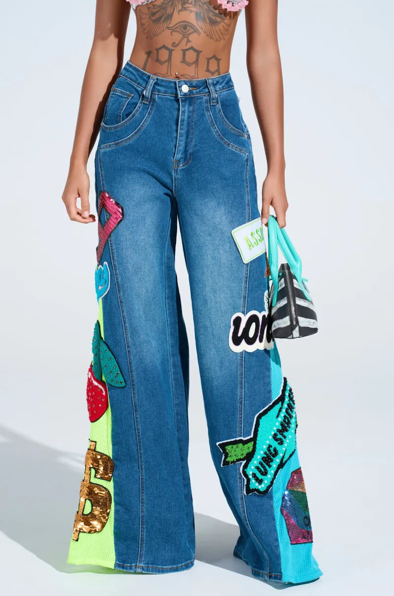 NOT SORRY PATCHWORK MEDIUM BLUE DENIM JEANS sold by AKIRA product image thumbnail 2