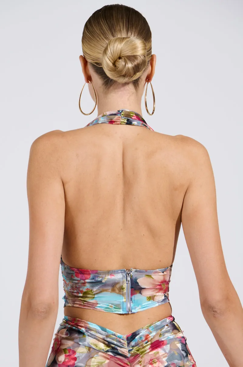 BURNT OUT CRUSHED VELVET FLORAL HALTER TOP sold by AKIRA product image thumbnail 4
