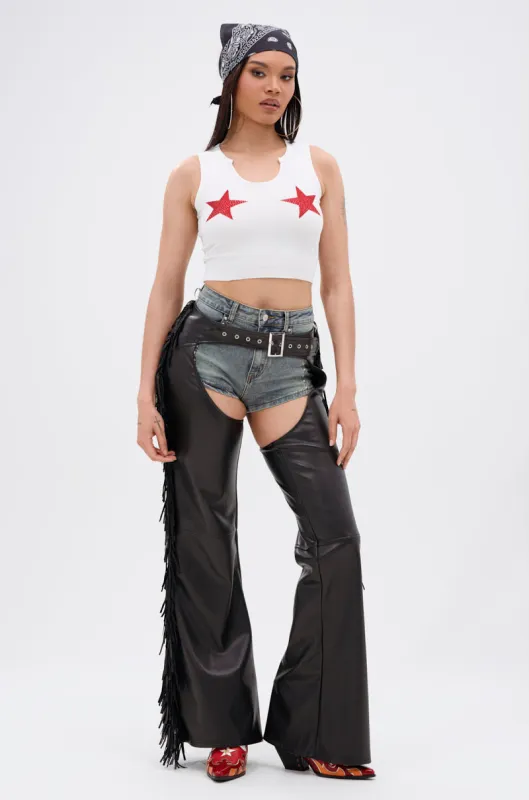RODEO FRINGE FAUX LEATHER CHAPS sold by AKIRA
