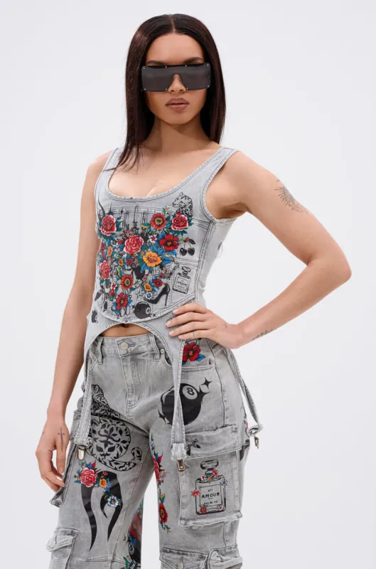 ARBOREAL DENIM CORSET TOP sold by AKIRA