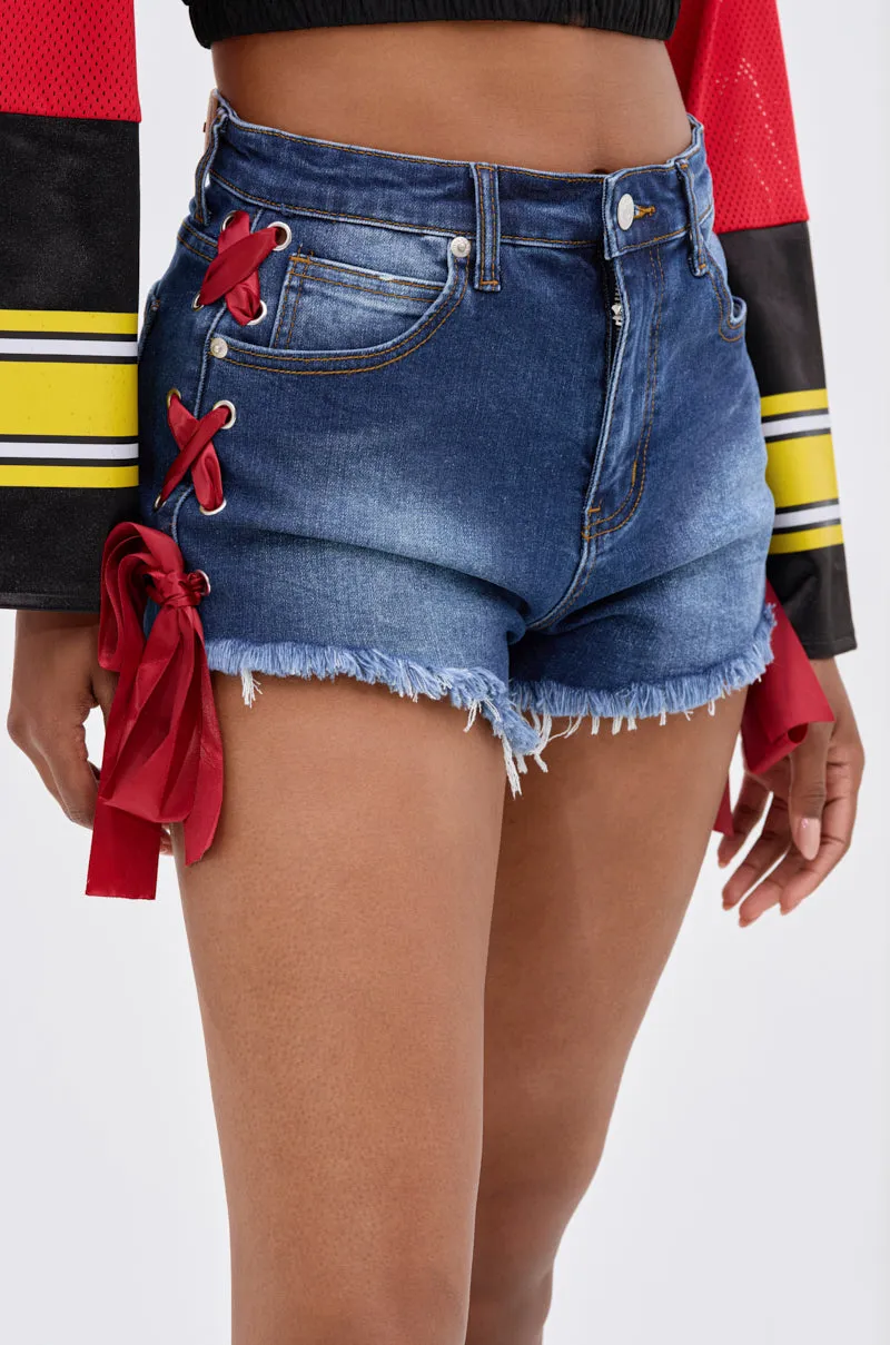 COME DOWN LACE DETAIL DENIM SHORT sold by AKIRA