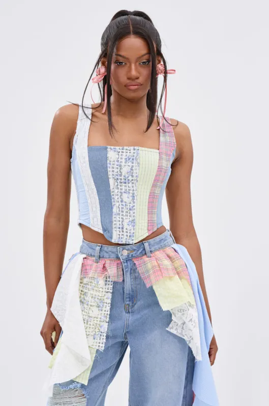 LET THE FUN BEGIN MIXED PLAID CORSET TOP sold by AKIRA