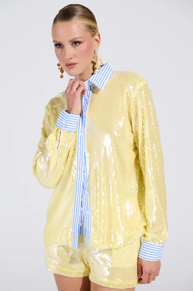 DOLLY SEQUIN BUTTON DOWN TOP sold by AKIRA