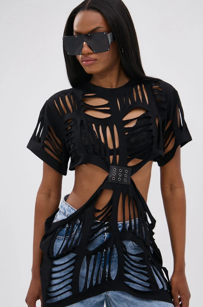 SHREDDED OVERSIZED SHORT SLEEVE TEE sold by AKIRA