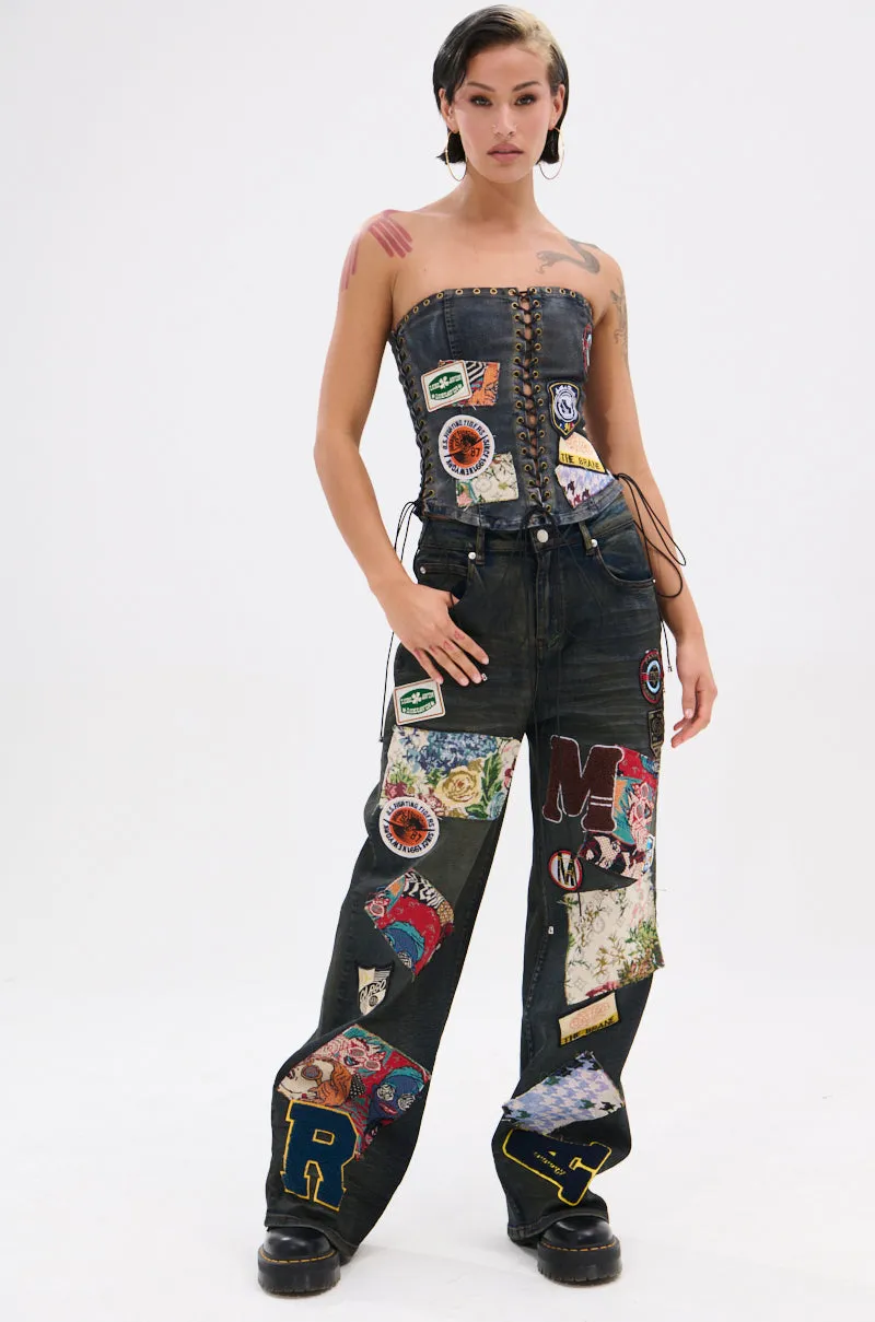 ARTS AND CRAFTS PATCH WORK DENIM PANTS sold by AKIRA