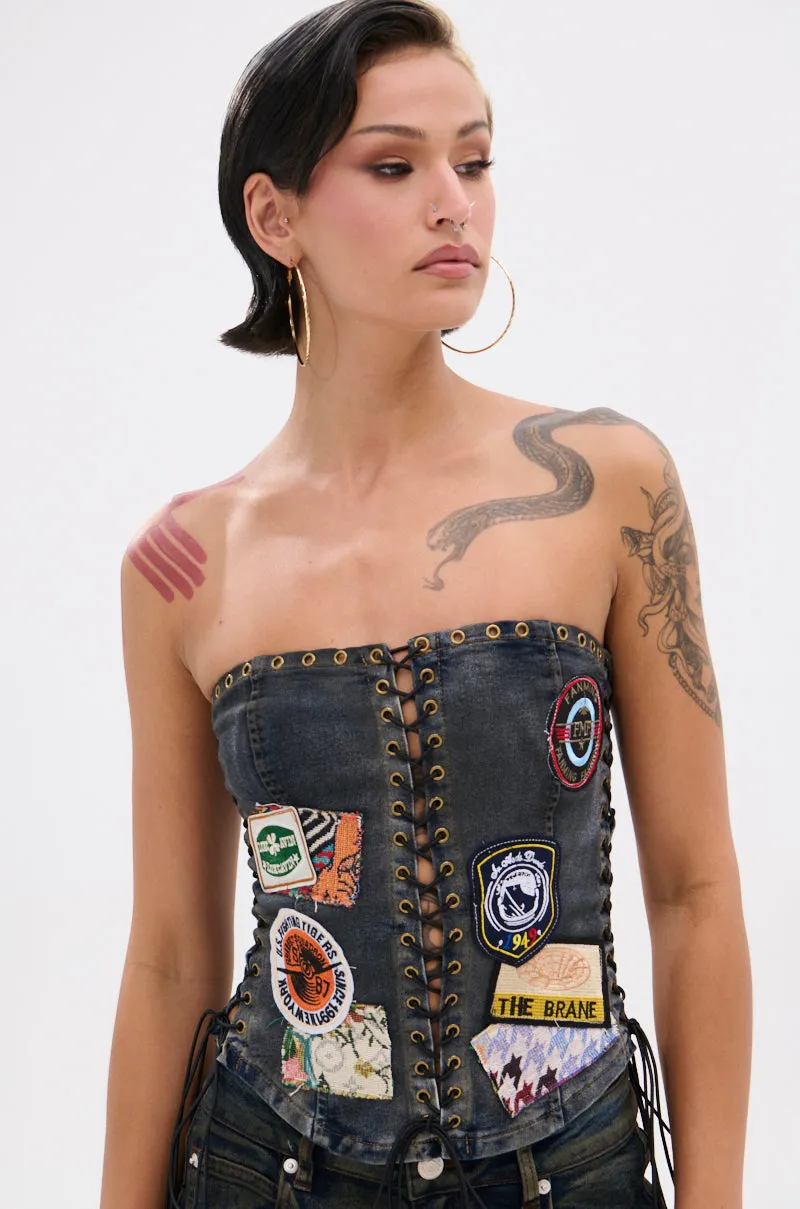 ARTS AND CRAFTS PATCH WORK DENIM CORSET sold by AKIRA product image thumbnail 3