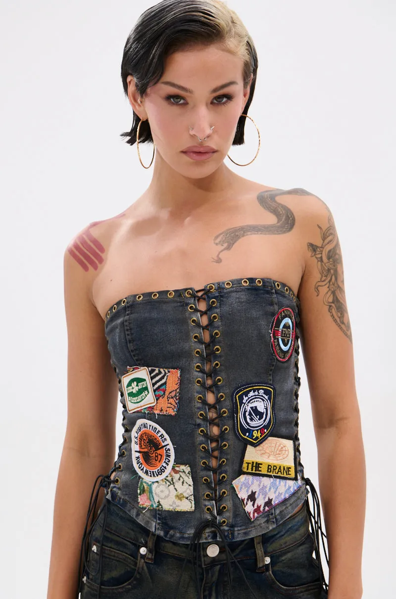 ARTS AND CRAFTS PATCH WORK DENIM CORSET sold by AKIRA
