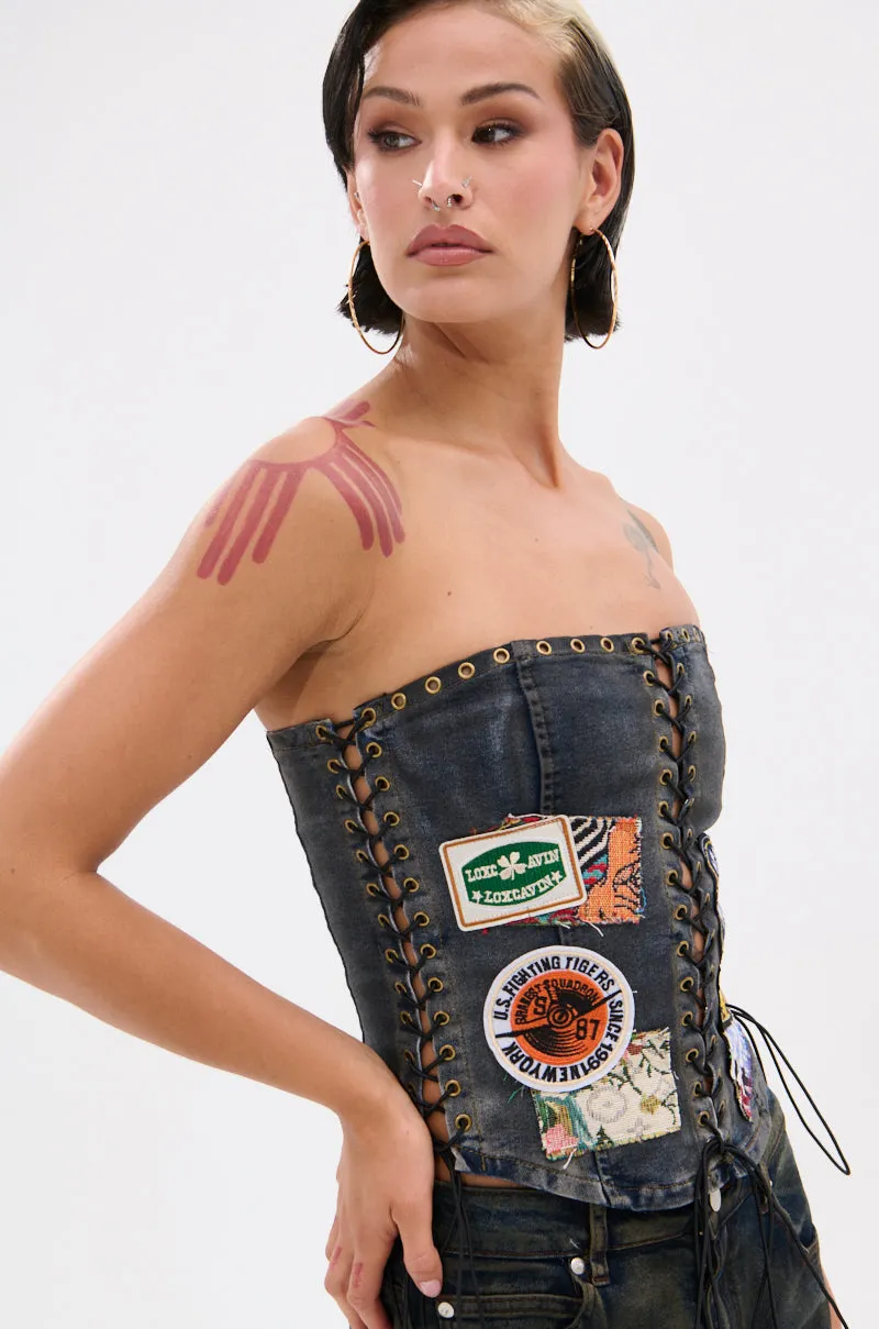 ARTS AND CRAFTS PATCH WORK DENIM CORSET sold by AKIRA product image thumbnail 2