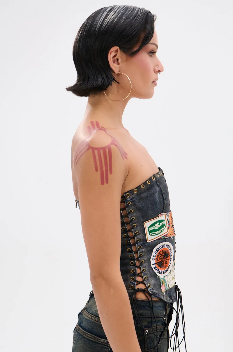 ARTS AND CRAFTS PATCH WORK DENIM CORSET sold by AKIRA product image thumbnail 4