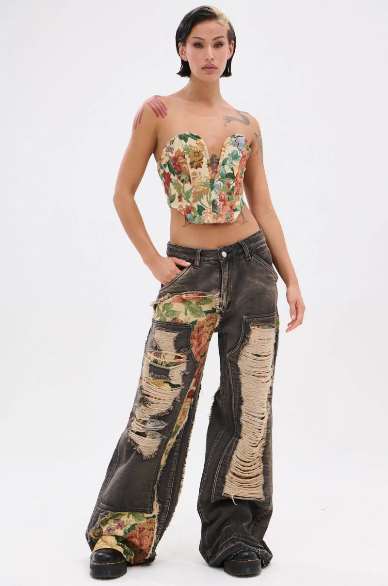 BRIGETTE DISTRESSED JEANS WITH JACQUARD DETAIL sold by AKIRA