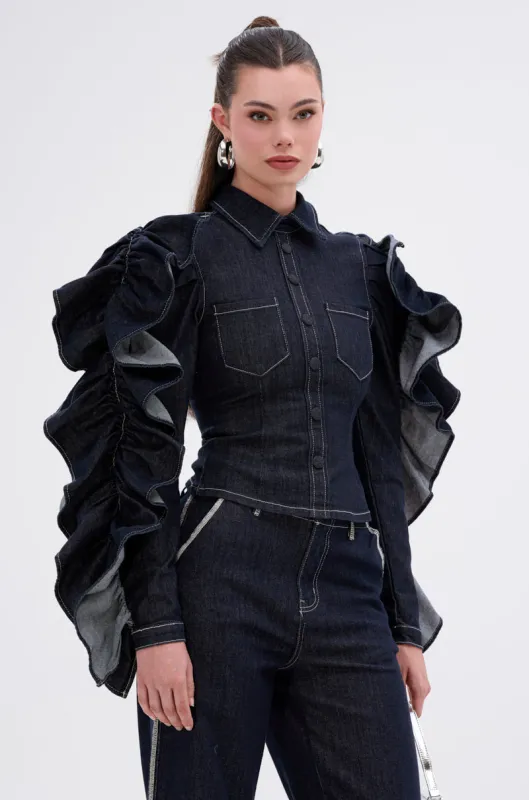 RUFFLED UP LONG SLEEVE DENIM TOP sold by AKIRA