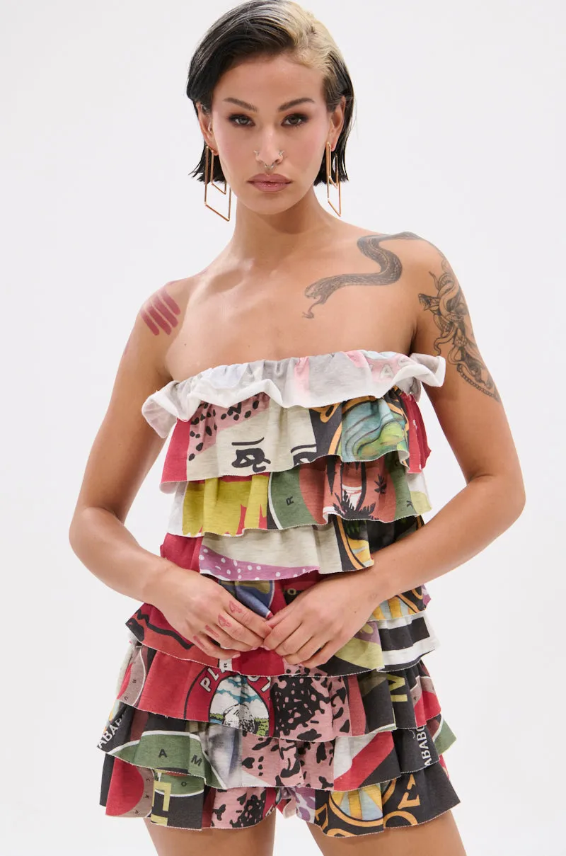 STREETS ARE CALLING PRINTED RUFFLE ROMPER sold by AKIRA