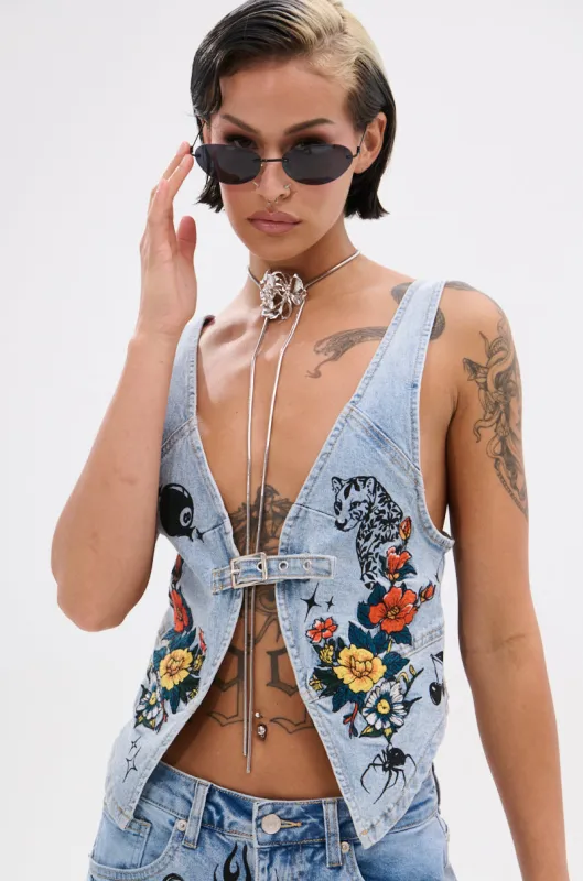 OUT OF MY LEAGUE DENIM HALTER TOP sold by AKIRA
