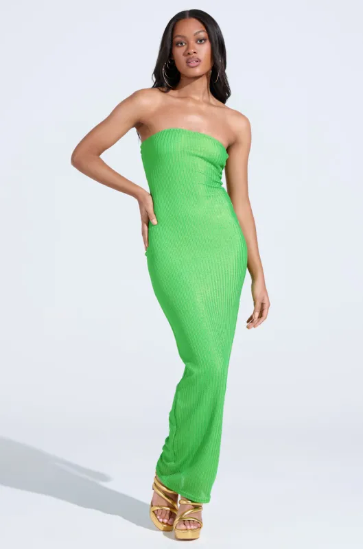 IF YOU'RE LUCKY METALLIC MAXI DRESS IN GREEN sold by AKIRA