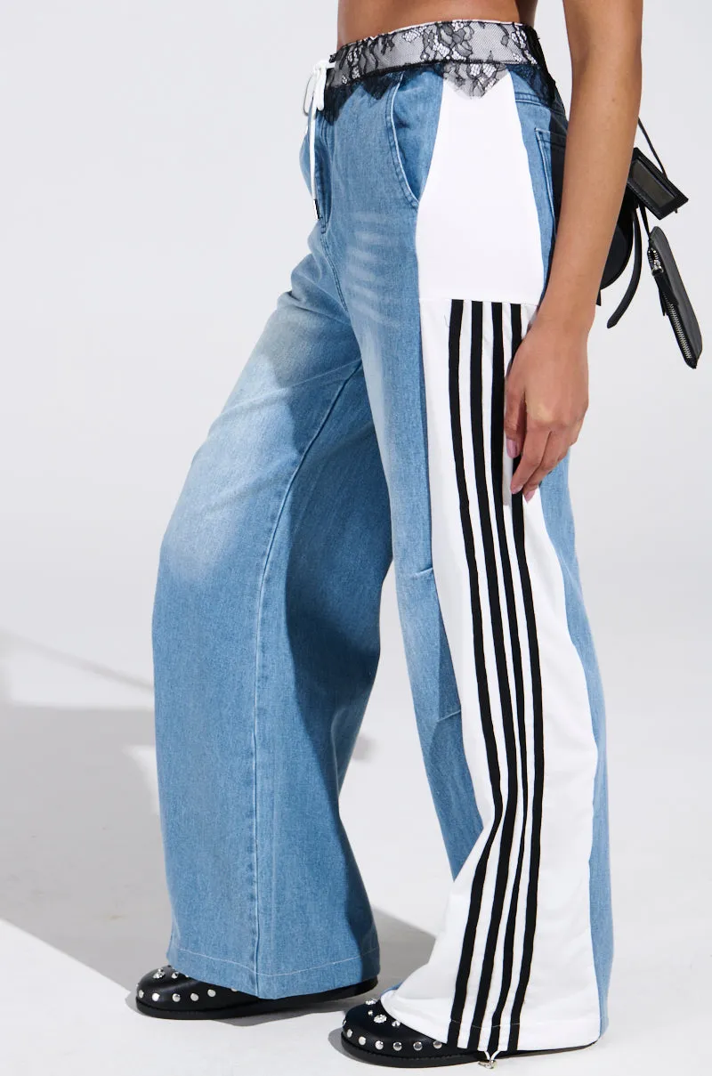 SPORTY AND SWEET LIGHT WASH DENIM TRACK PANTS sold by AKIRA product image thumbnail 4