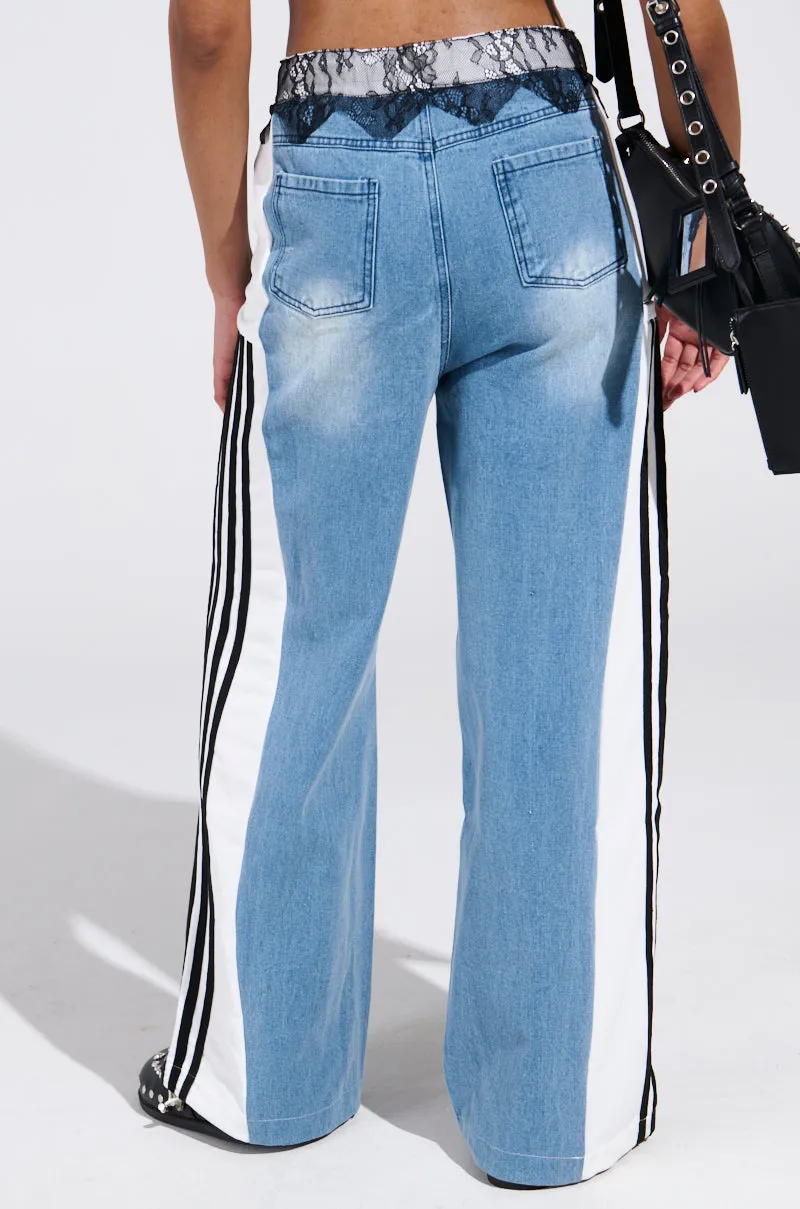 SPORTY AND SWEET LIGHT WASH DENIM TRACK PANTS sold by AKIRA product image thumbnail 5