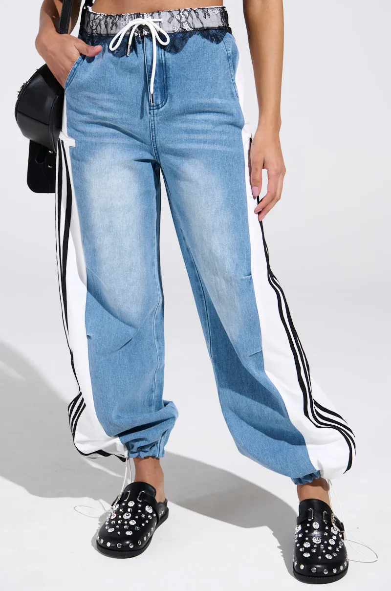 SPORTY AND SWEET LIGHT WASH DENIM TRACK PANTS sold by AKIRA product image thumbnail 3