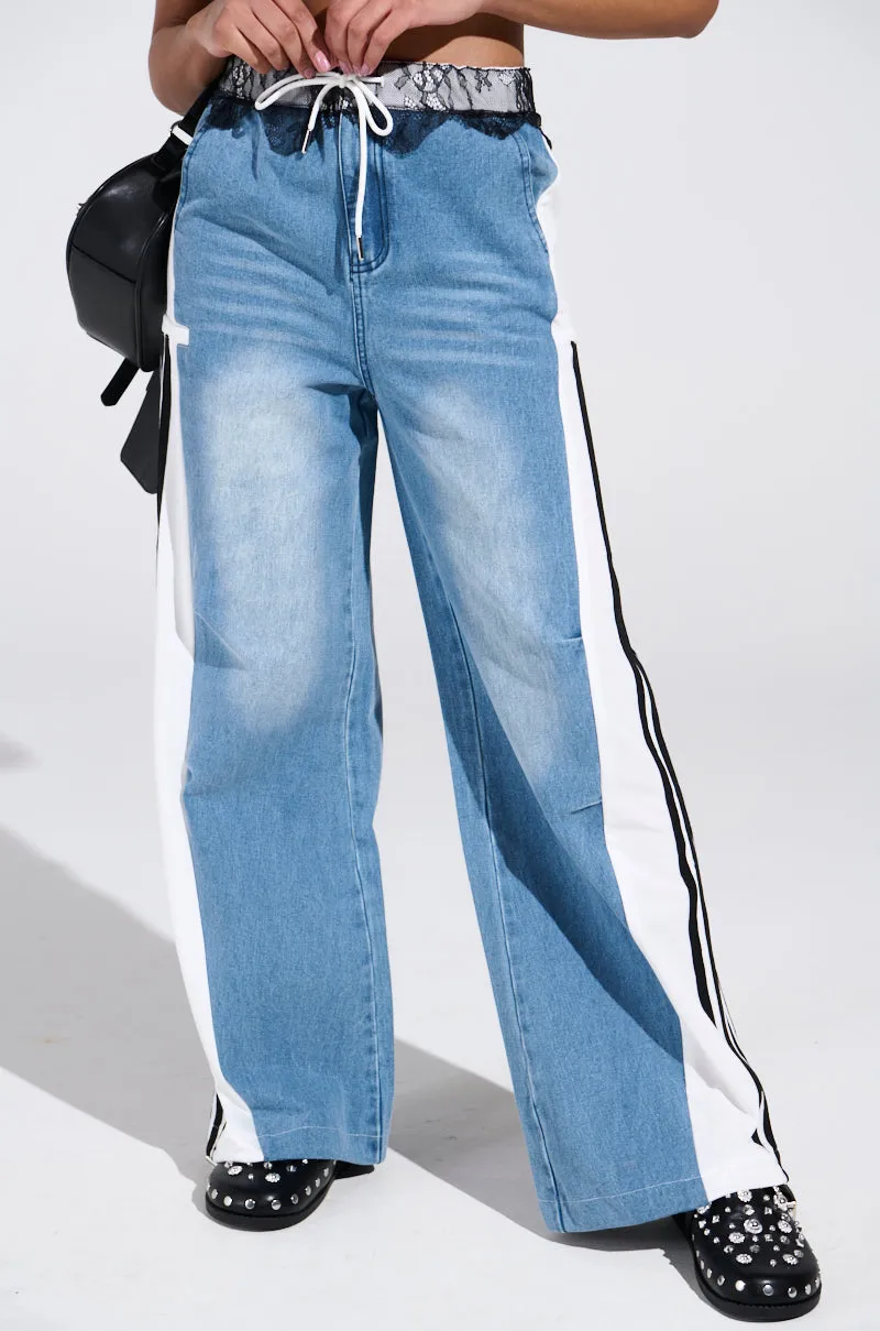 SPORTY AND SWEET LIGHT WASH DENIM TRACK PANTS sold by AKIRA product image thumbnail 2