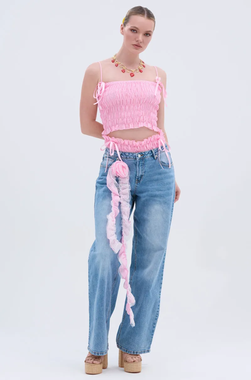 CALL ME RELAXED DENIM PANT WITH RUFFLES sold by AKIRA