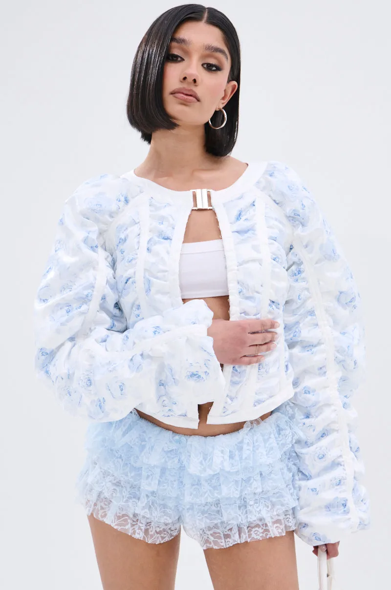 TALK TO ME NICE CORSETED JACKET IN WHITE sold by AKIRA