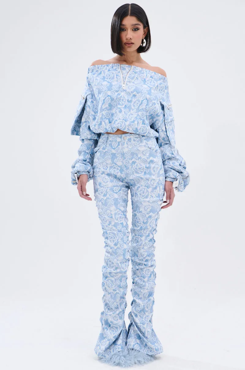 FLORAL LIFE DENIM STACKED PANT sold by AKIRA