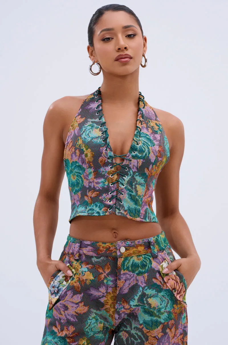 LOGAN JACQUARD LACE UP CORSET TOP sold by AKIRA