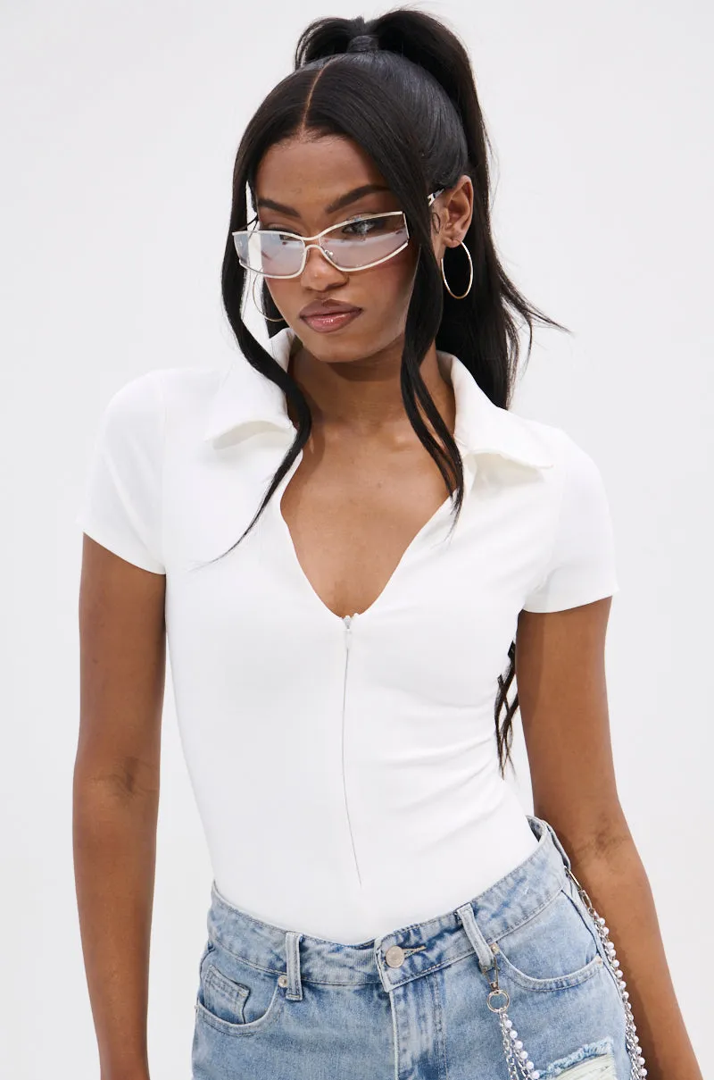 PAXTON FRONT ZIP SHORT SLEEVE COLLARED BODYSUIT sold by AKIRA product image thumbnail 3