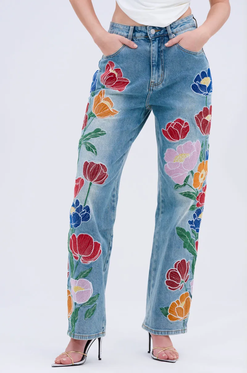 INTO THE GARDEN FLORAL EMBROIDERED DENIM JEANS sold by AKIRA