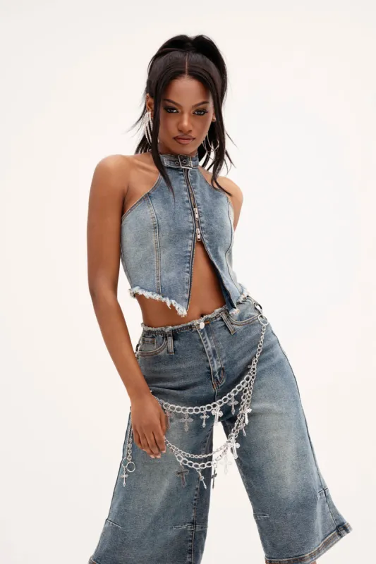 BREAK UP WITH HIM DENIM HALTER TOP sold by AKIRA