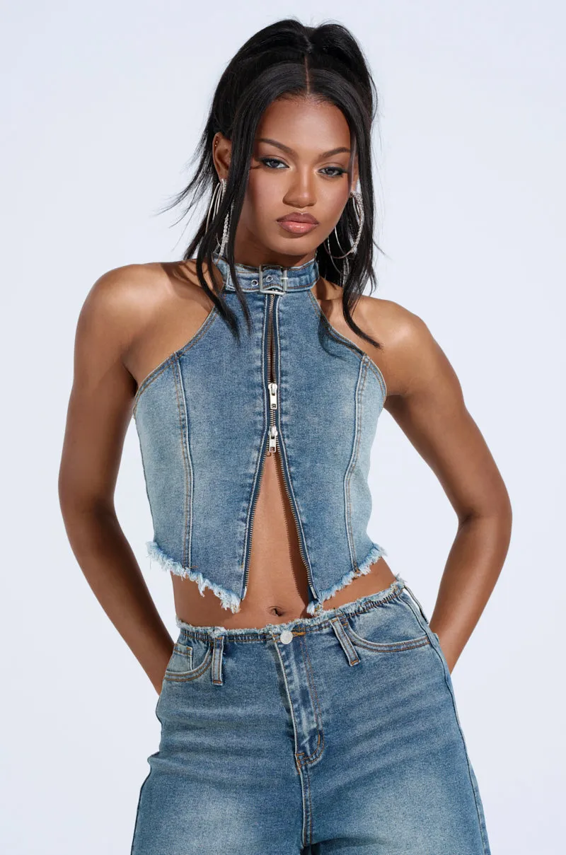 BREAK UP WITH HIM DENIM HALTER TOP sold by AKIRA product image thumbnail 3