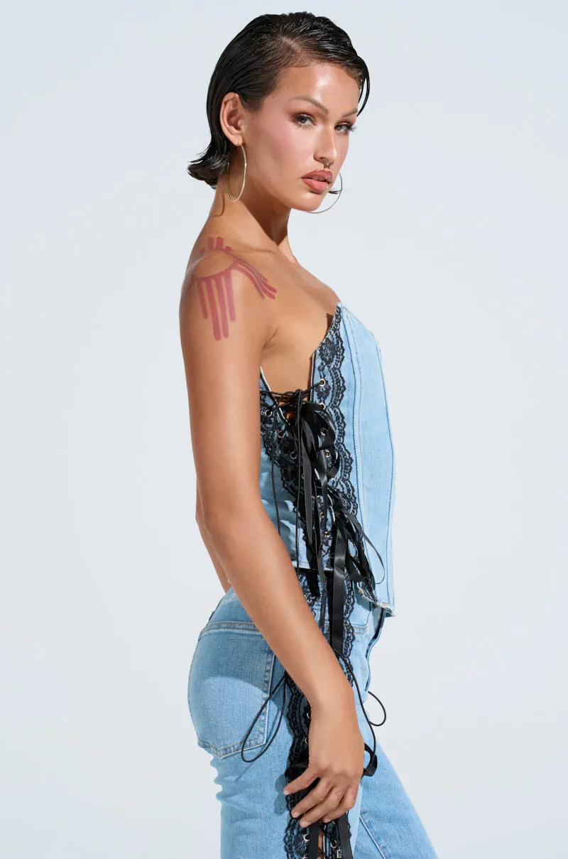 TICKED AND TIED LACE DETAIL DENIM CORSET sold by AKIRA product image thumbnail 4