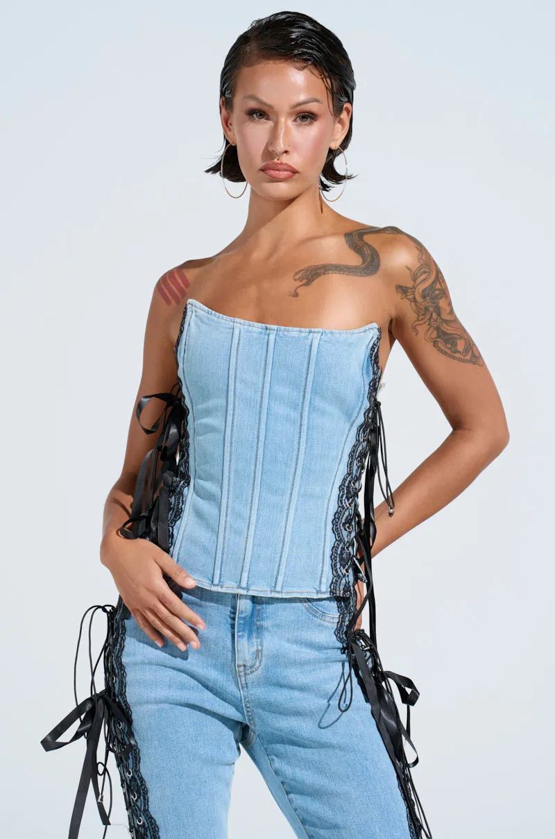 TICKED AND TIED LACE DETAIL DENIM CORSET sold by AKIRA product image thumbnail 3