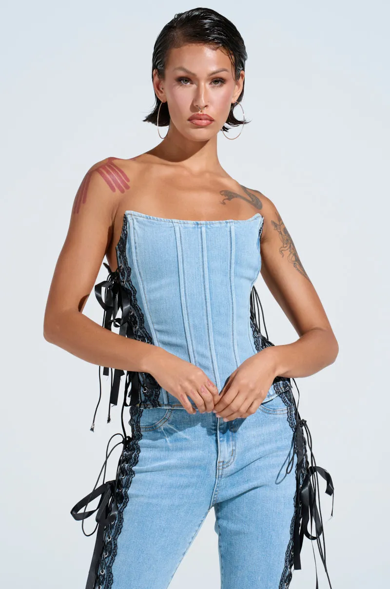 TICKED AND TIED LACE DETAIL DENIM CORSET sold by AKIRA product image thumbnail 2
