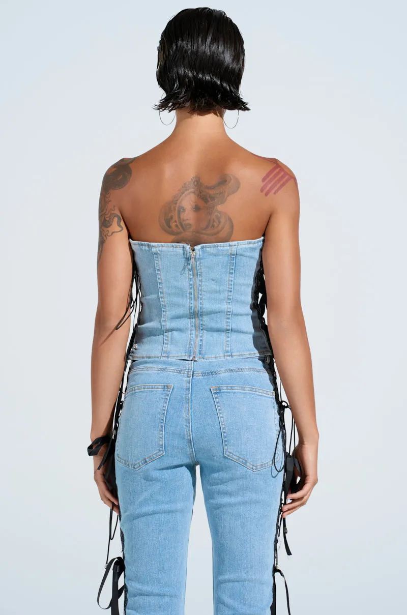TICKED AND TIED LACE DETAIL DENIM CORSET sold by AKIRA product image thumbnail 5