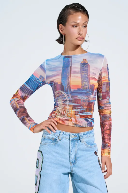 CITY LIGHTS MESH LONG SLEEVE TOP sold by AKIRA