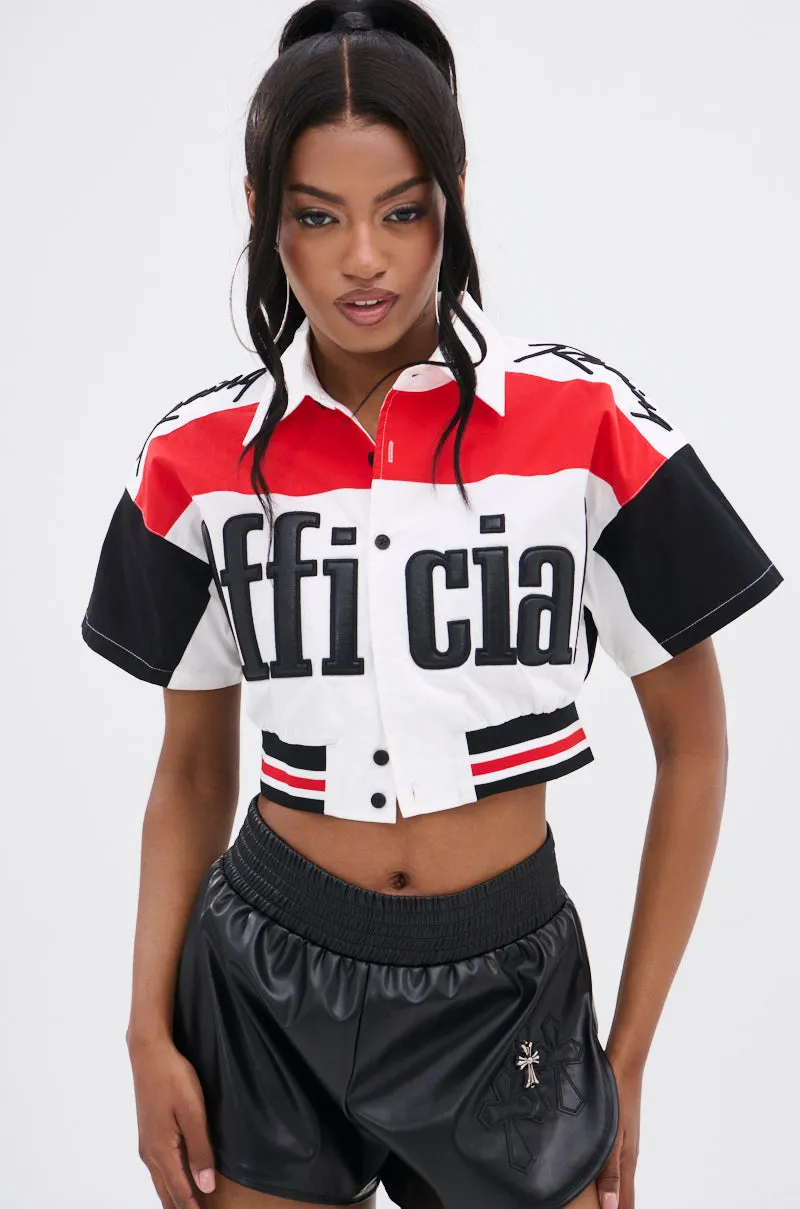 OFFICIAL DUTY CROPPED BUTTON DOWN TOP sold by AKIRA