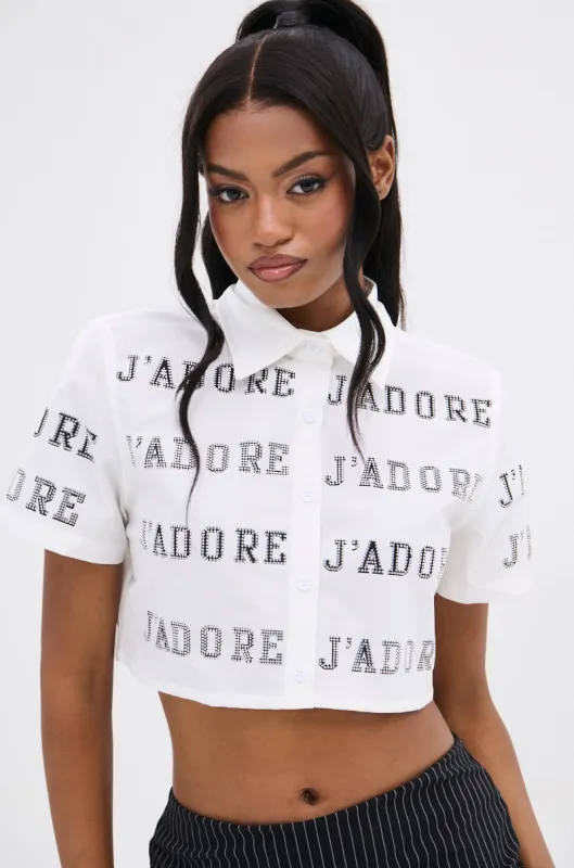 J'ADORE RHINESTONE CROPPED BUTTON DOWN sold by AKIRA