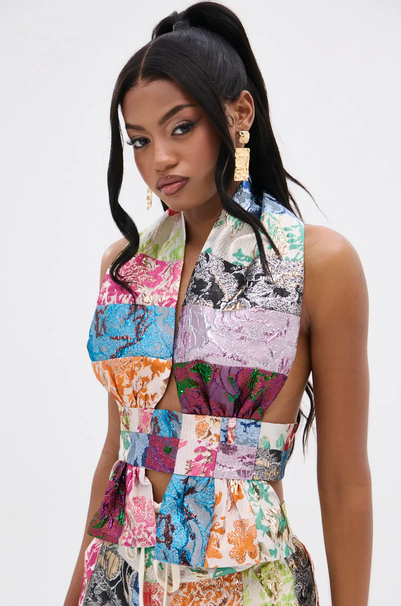 MIXED FEELINGS BROCADE HALTER BLOUSE sold by AKIRA