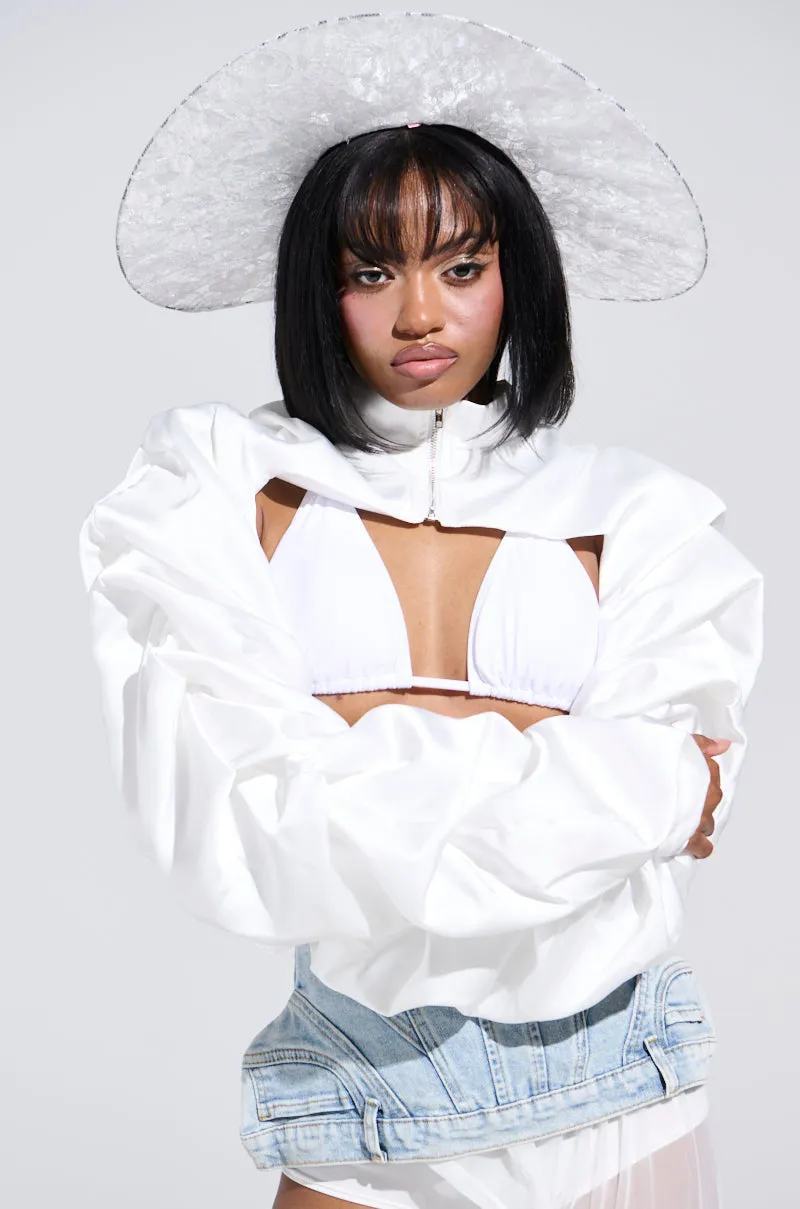 CORA SATIN BOLERO IN WHITE sold by AKIRA