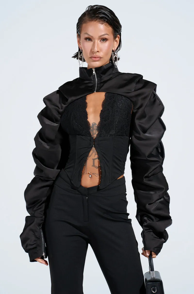 CORA SATIN BOLERO IN BLACK sold by AKIRA product image thumbnail 2