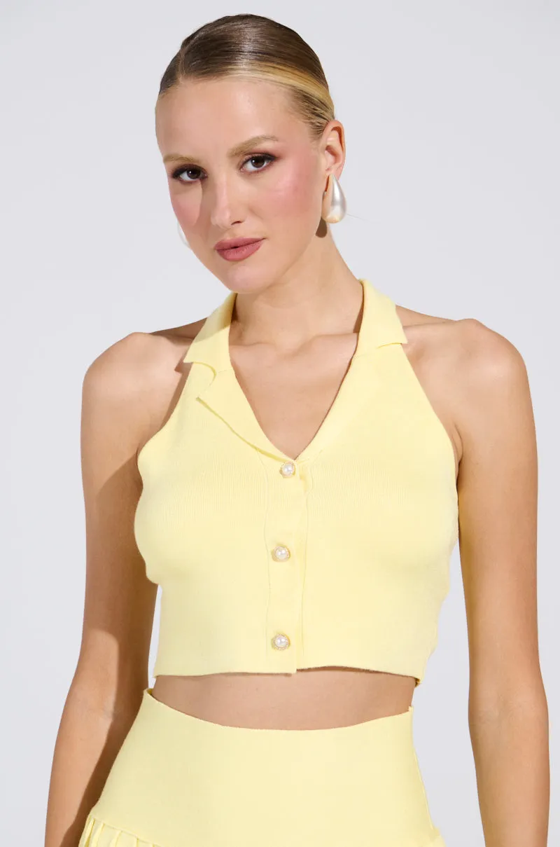 LEMONY EMILY CROPPED SWEATER VEST IN YELLOW sold by AKIRA