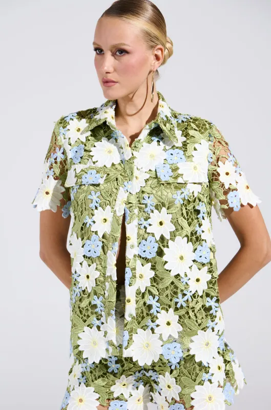 DAISY CROCHET SHORT SLEEVE BUTTON UP SHIRT sold by AKIRA