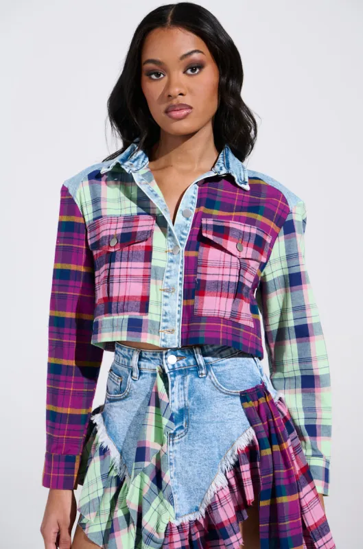 THINK ABOUT ME MORE BUTTON DOWN TOP WITH PLAID DETAILS sold by AKIRA