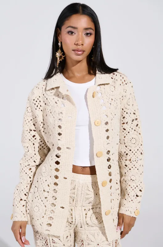 CROCHET KNIT BUTTON UP sold by AKIRA