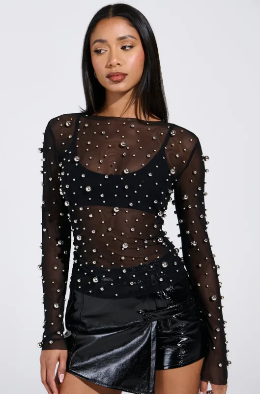 KYLIE METAL ORB LONG SLEEVE TOP sold by AKIRA