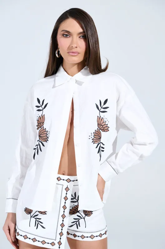 EMBROIDERED FLOWER LINEN BUTTON UP sold by AKIRA